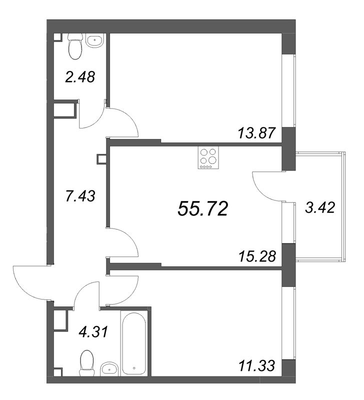 3 ккв (Евро) 55,7 м²
