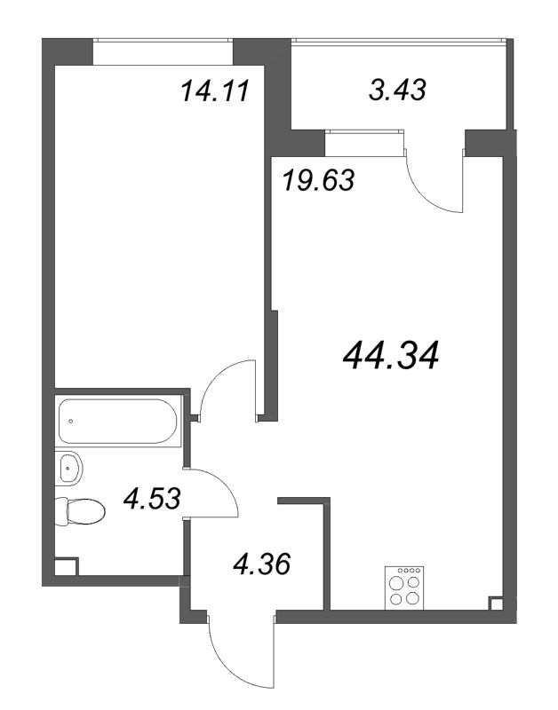 2 ккв (Евро) 44,3 м²