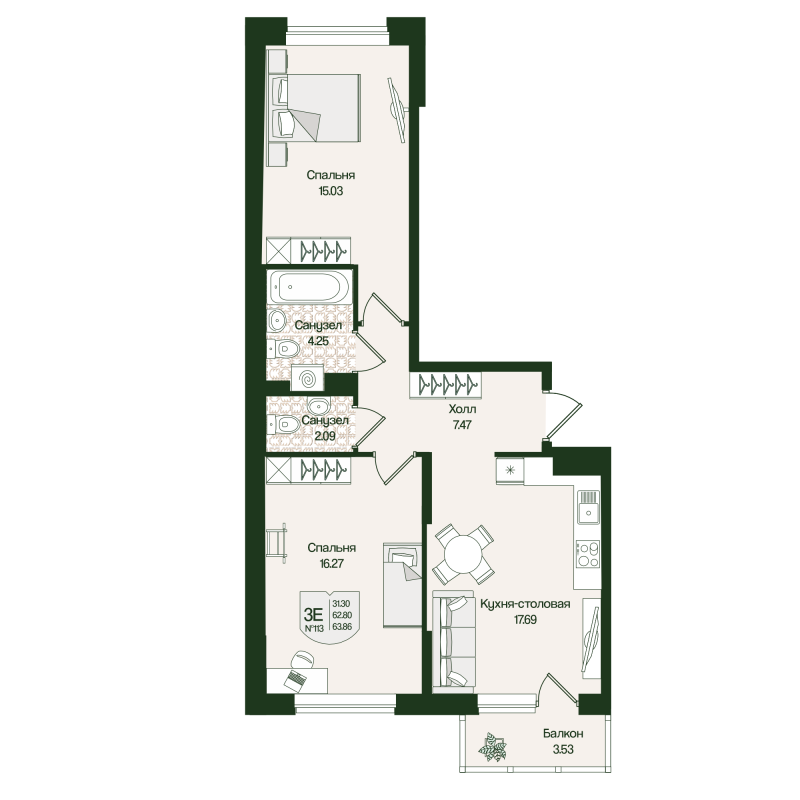 3 ккв (Евро) 63,9 м²