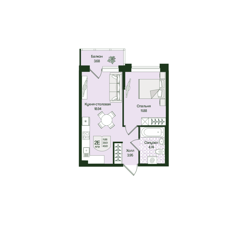 2 ккв (Евро) 40,6 м²