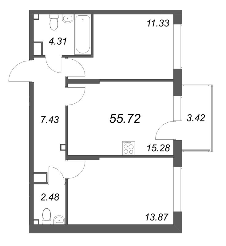 3 ккв (Евро) 55,7 м²