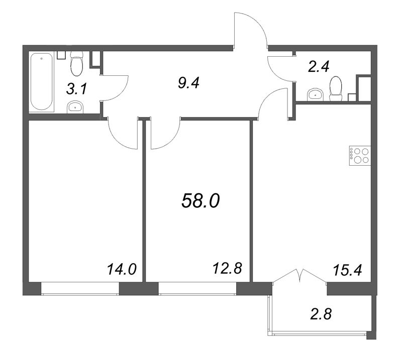 3 ккв (Евро) 58 м²