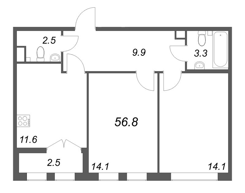 2 ккв 56,8 м²