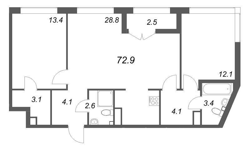 3 ккв (Евро) 72,9 м²