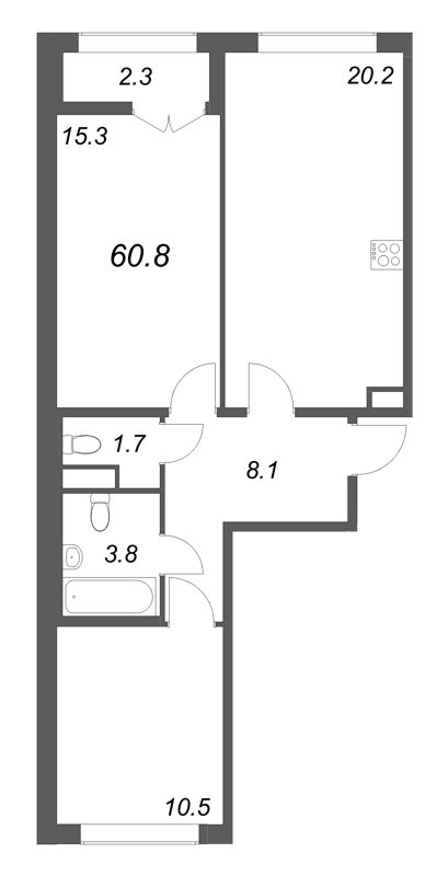 3 ккв (Евро) 60,8 м²