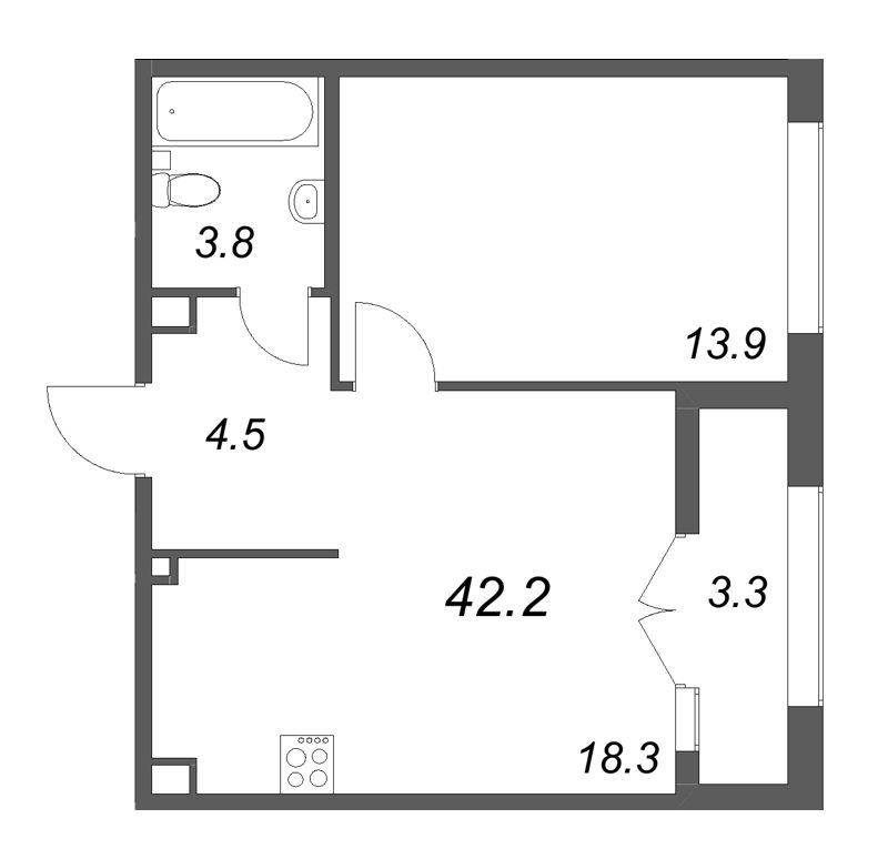 2 ккв (Евро) 42,2 м²