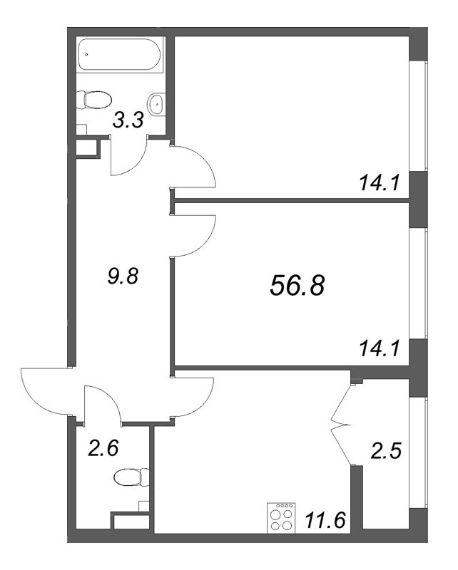 2 ккв 56,8 м²