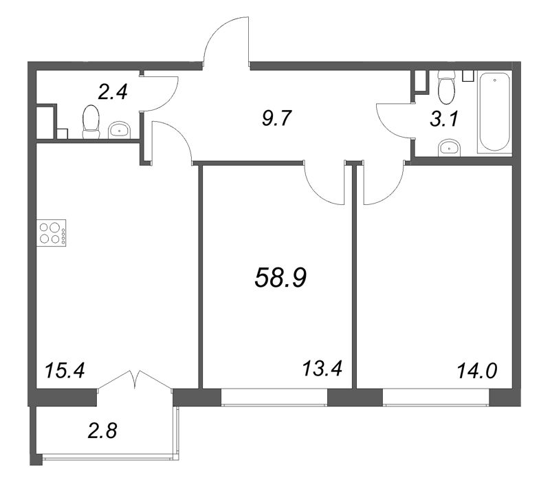 3 ккв (Евро) 58,9 м²