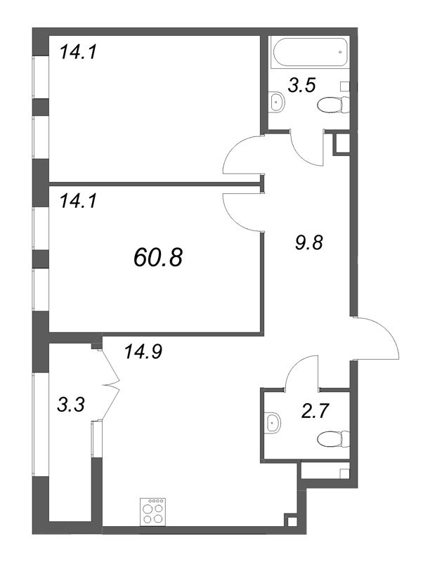 3 ккв (Евро) 60,8 м²