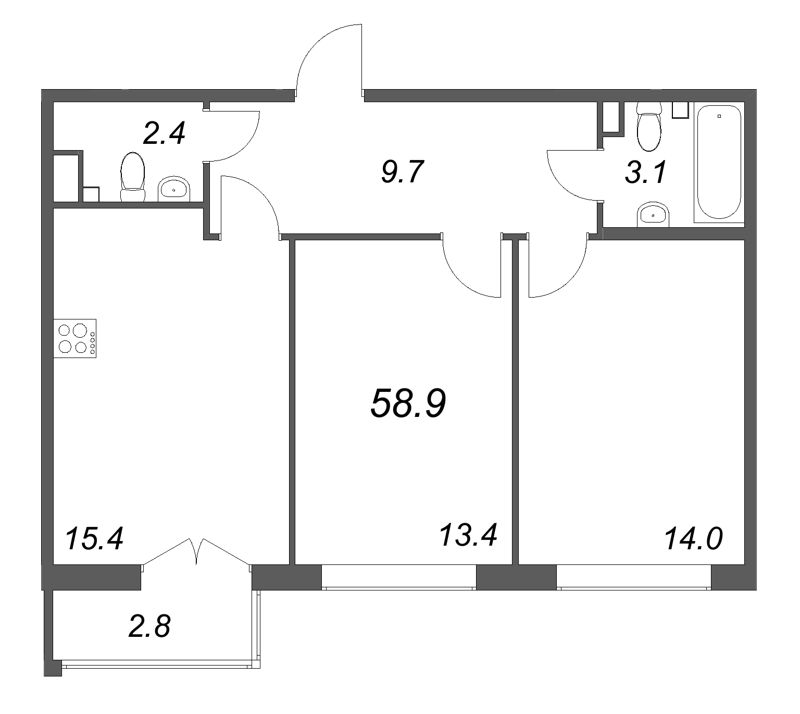 3 ккв (Евро) 58,9 м²