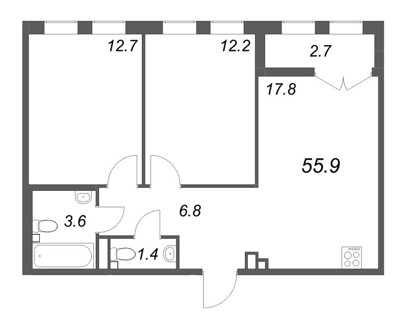 3 ккв (Евро) 55,9 м²