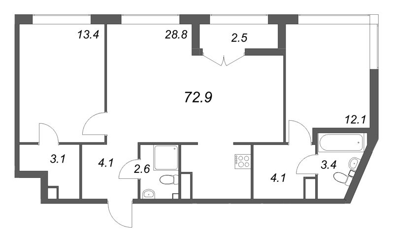 3 ккв (Евро) 72,9 м²