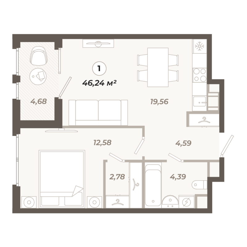 2 ккв (Евро) 46,2 м²