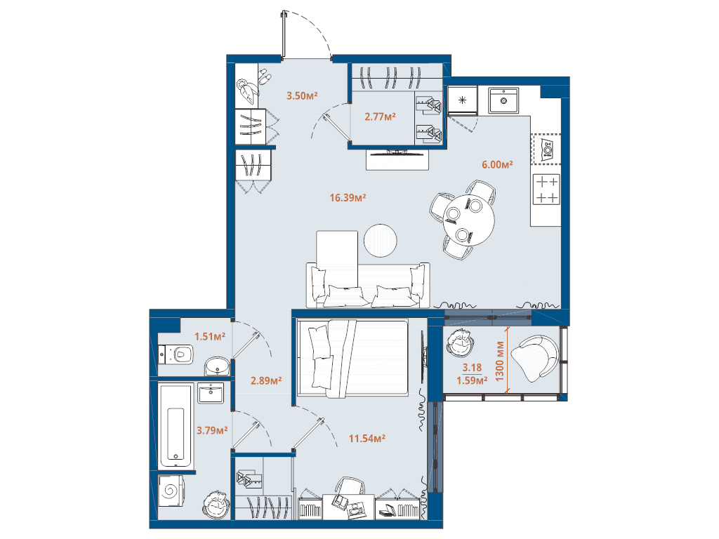 2 ккв (Евро) 50 м²