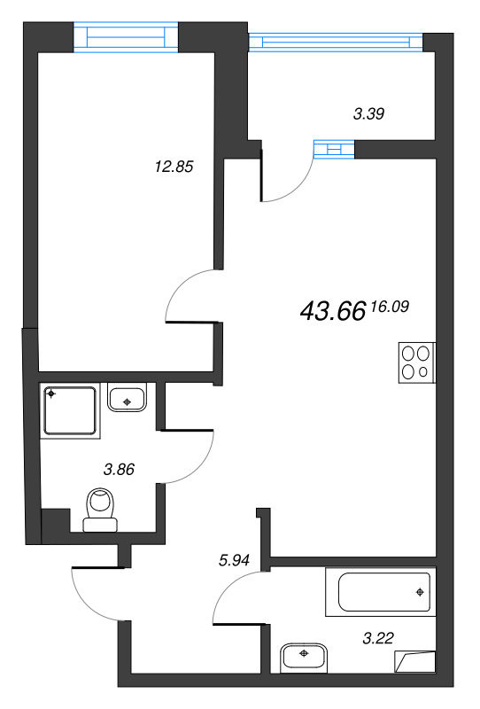 2 ккв (Евро) 43,7 м²
