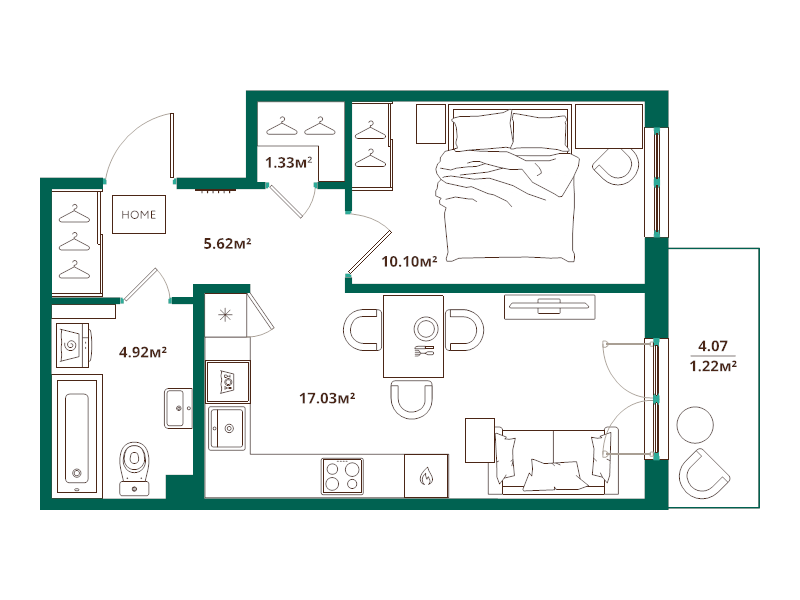 2 ккв (Евро) 40,2 м²