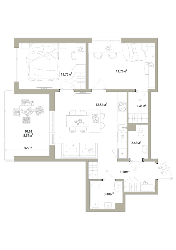 3 ккв (Евро) 61,7 м²