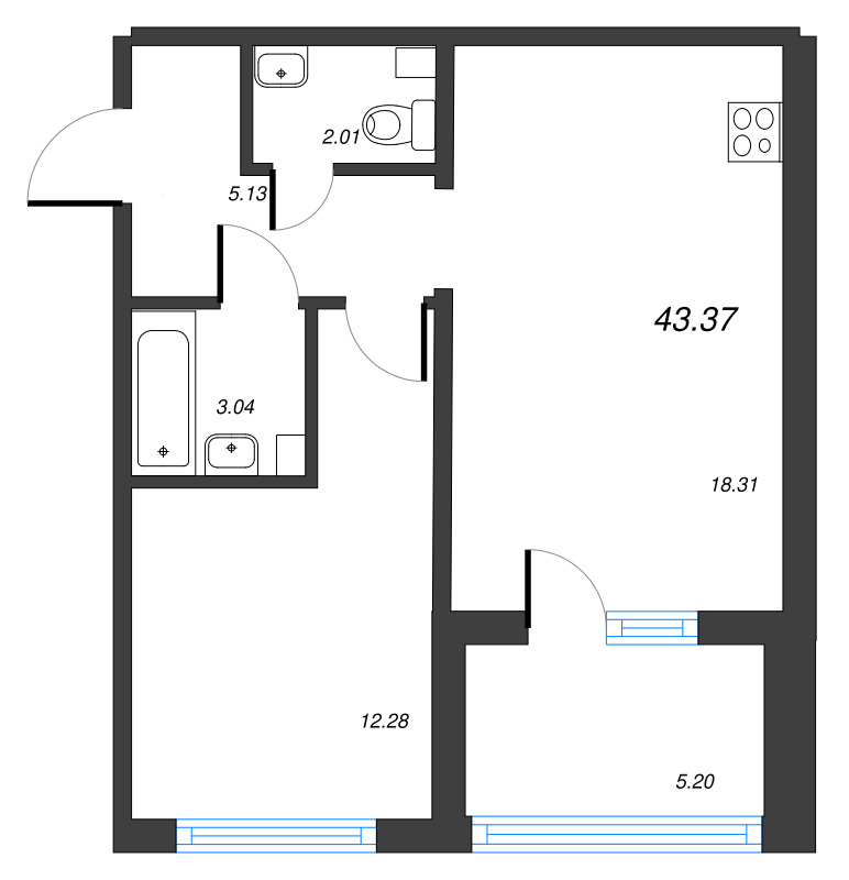 2 ккв (Евро) 43,4 м²