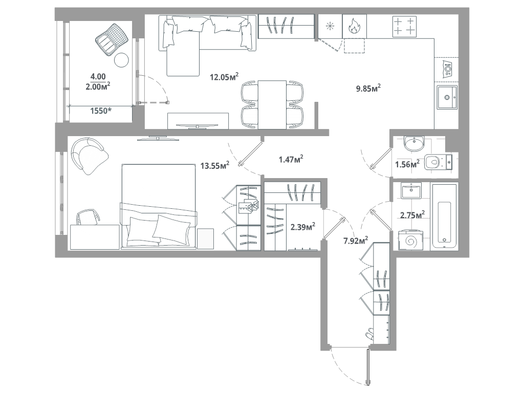 2 ккв (Евро) 53,5 м²