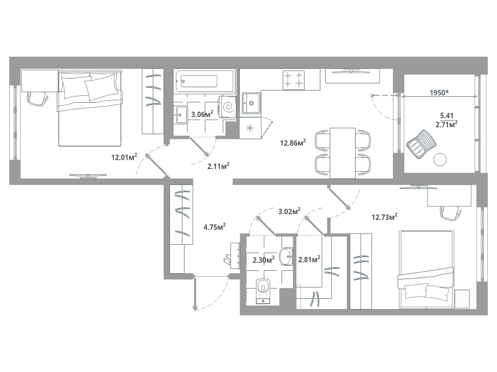 2 ккв 58,4 м²
