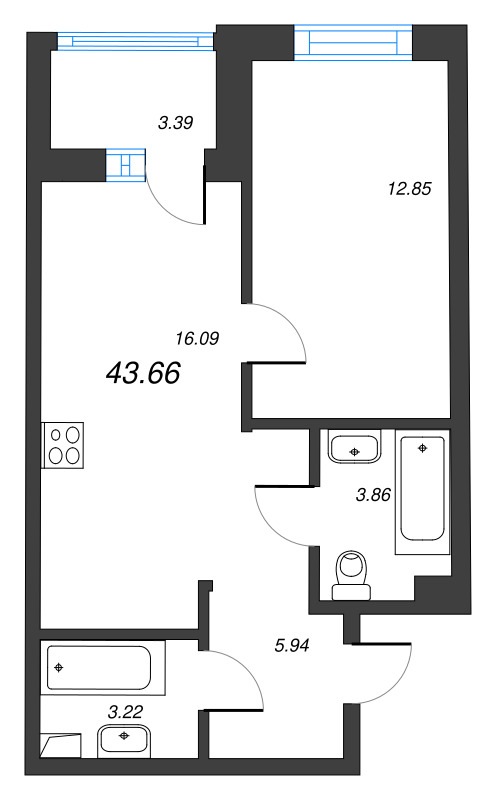 2 ккв (Евро) 43,7 м²