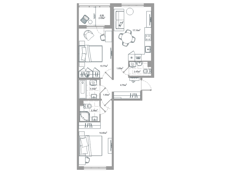 3 ккв (Евро) 65,4 м²