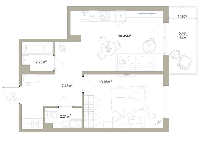 2 ккв (Евро) 45,6 м²