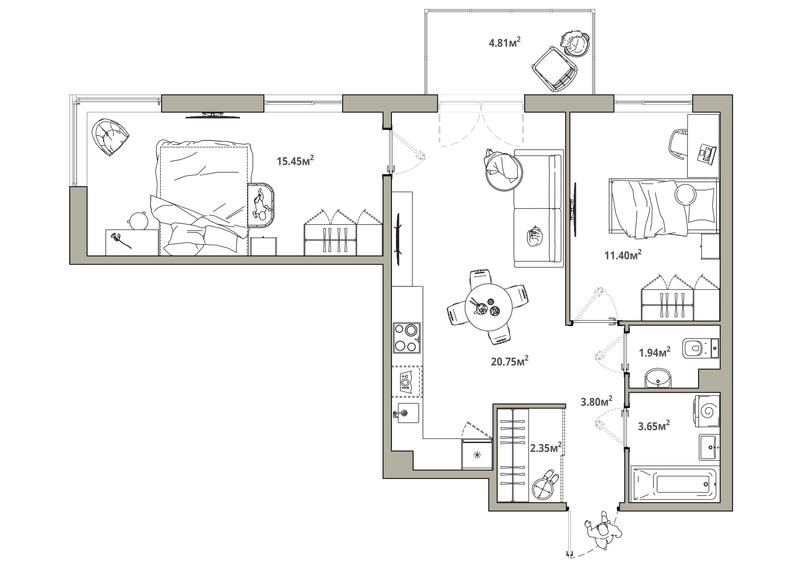 3 ккв (Евро) 60,8 м²