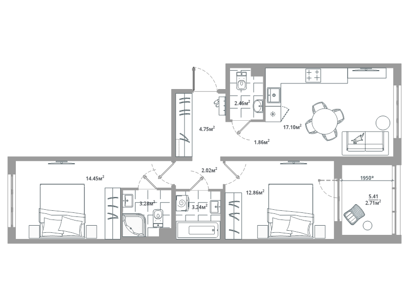 3 ккв (Евро) 64,7 м²