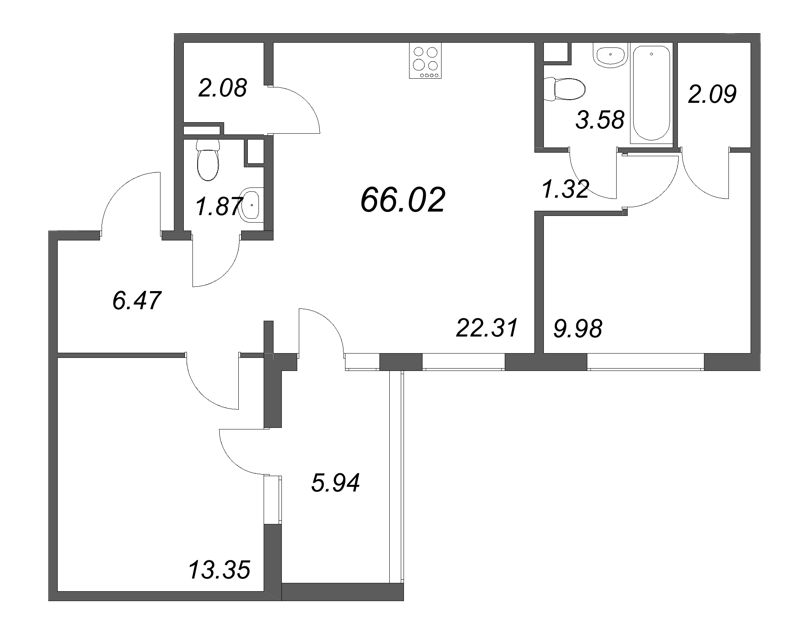 3 ккв (Евро) 66 м²