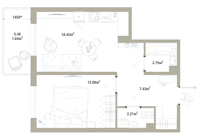 2 ккв (Евро) 45,6 м²