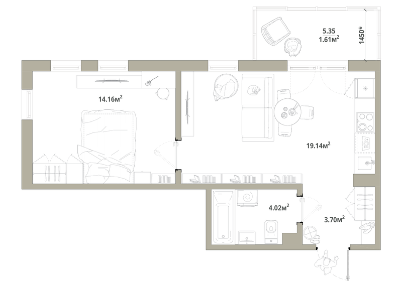 2 ккв (Евро) 42,6 м²