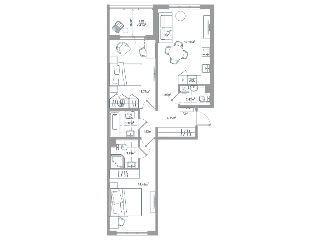 3 ккв (Евро) 65,4 м²