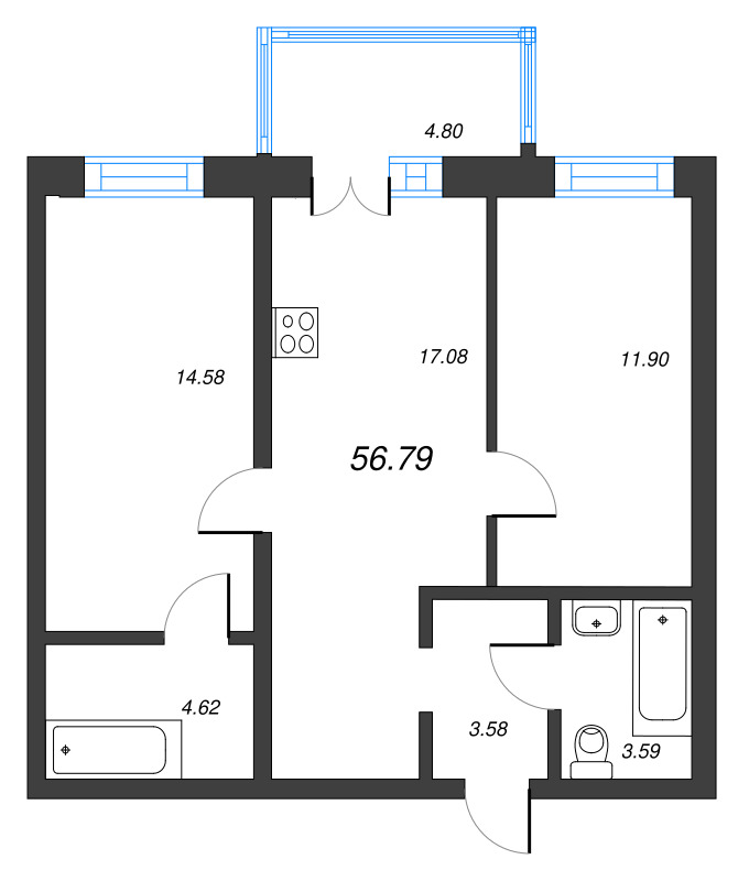3 ккв (Евро) 56,8 м²