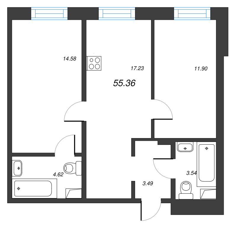 3 ккв (Евро) 55,4 м²