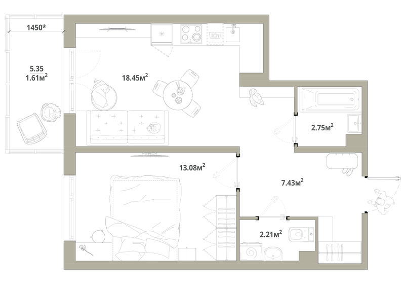 2 ккв (Евро) 45,5 м²