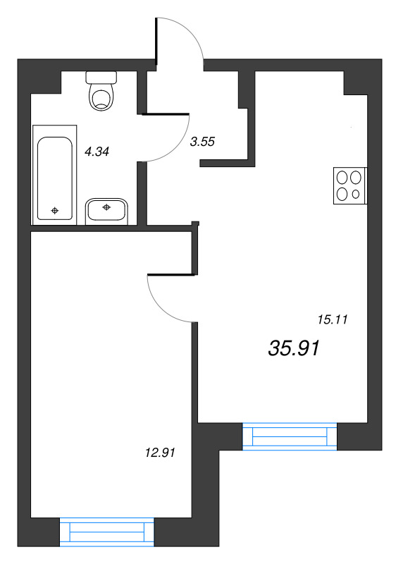 2 ккв (Евро) 35,9 м²