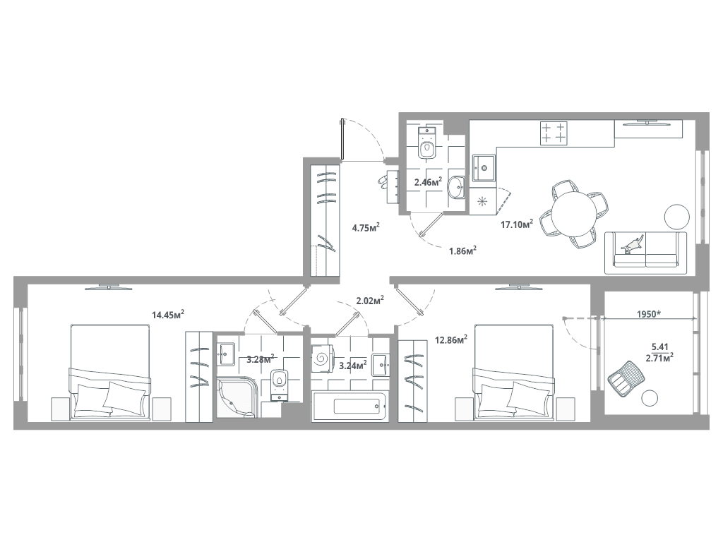 3 ккв (Евро) 64,7 м²