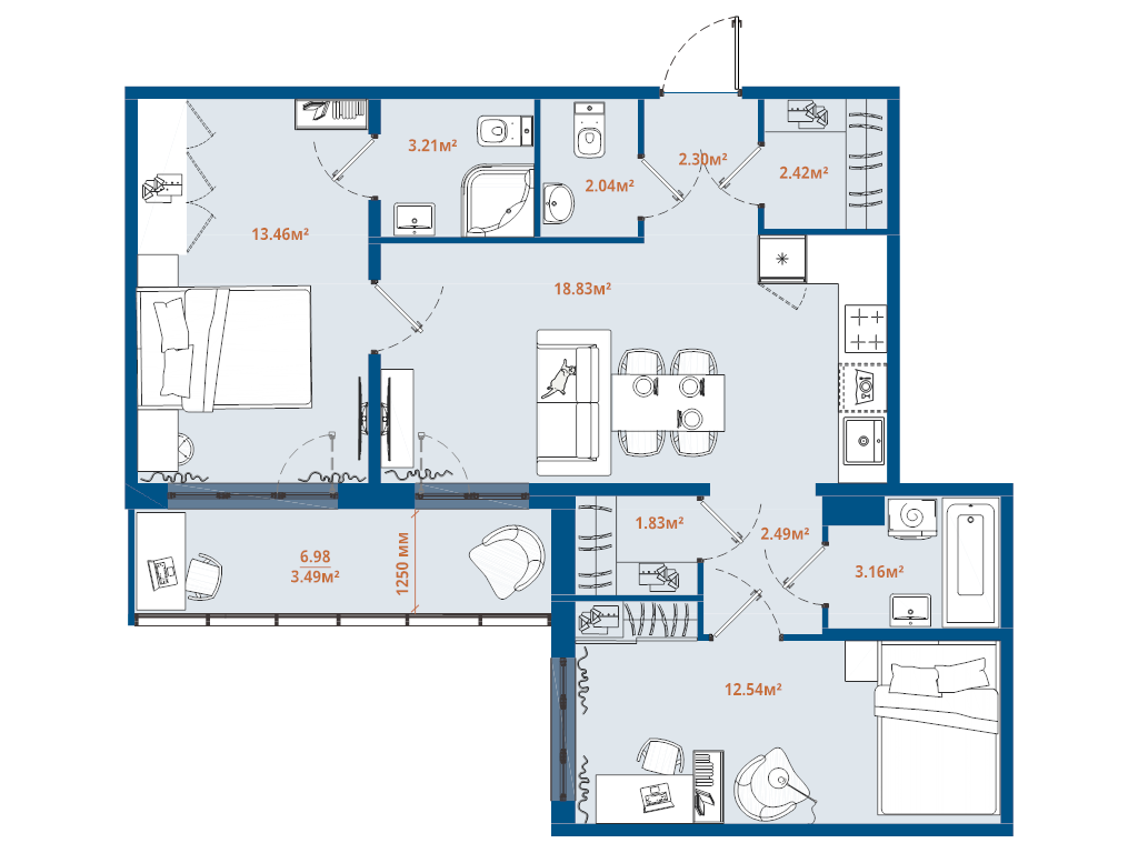 3 ккв (Евро) 65,8 м²
