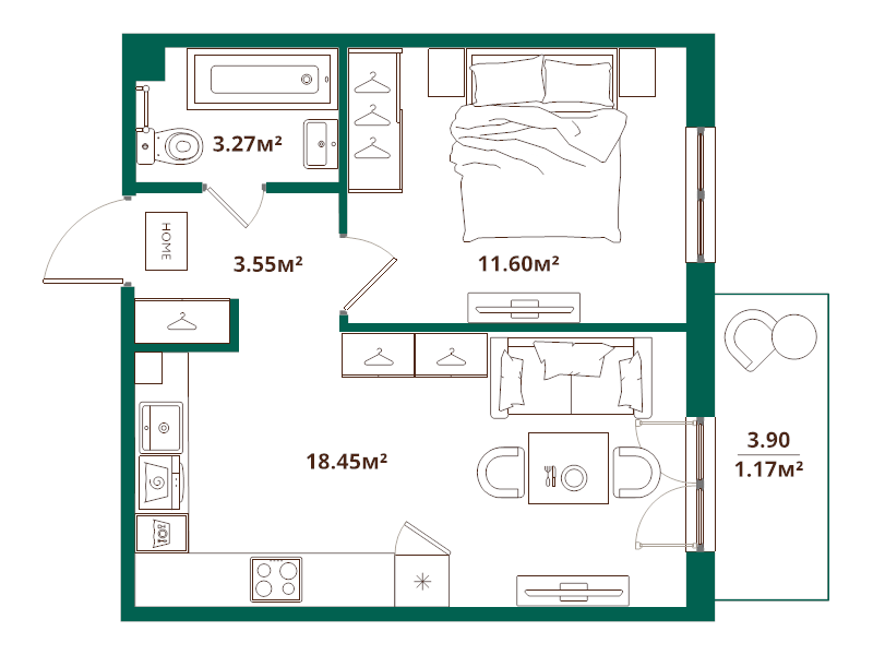 2 ккв (Евро) 38 м²