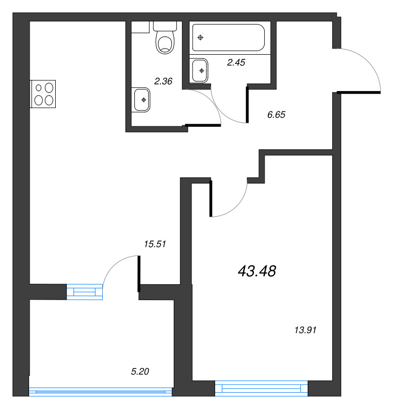2 ккв (Евро) 43,5 м²