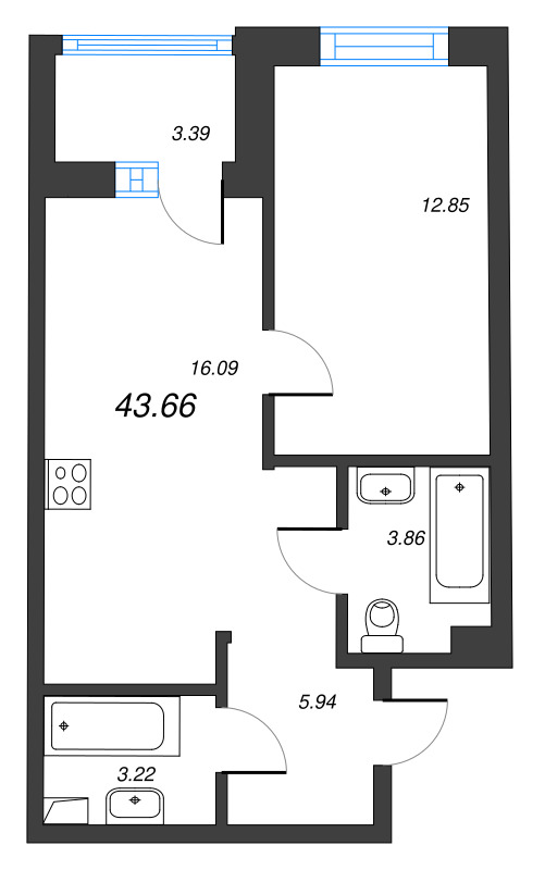 2 ккв (Евро) 43,7 м²