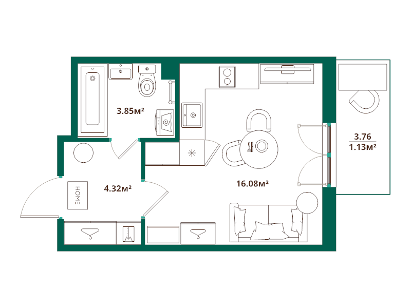 Студия 25,4 м²