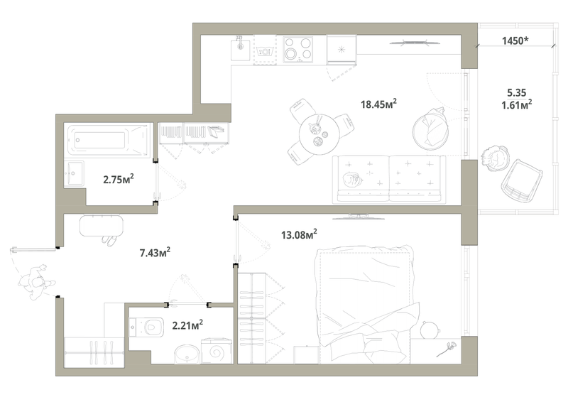 2 ккв (Евро) 45,5 м²