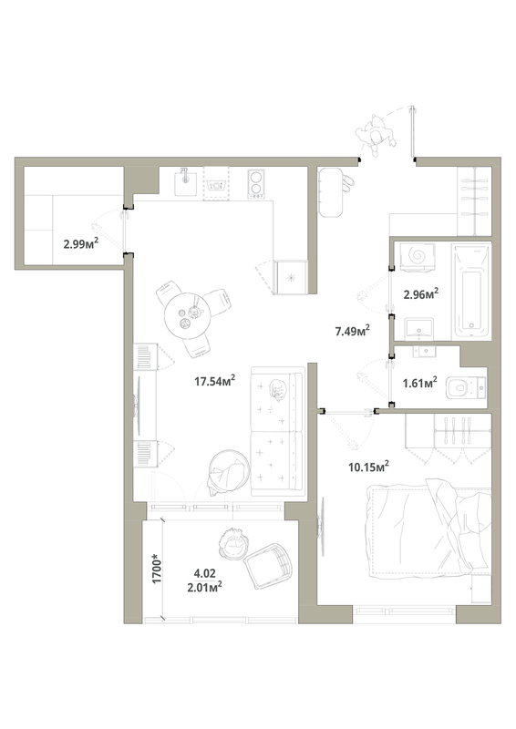 2 ккв (Евро) 44,8 м²