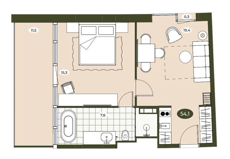 Студия 53,9 м²