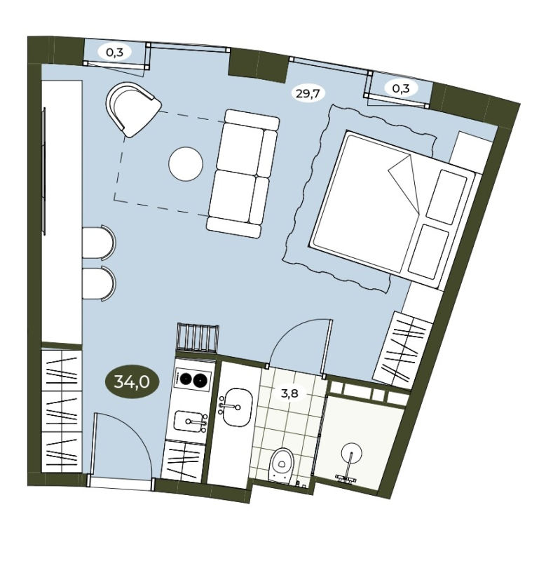 Студия 34 м²