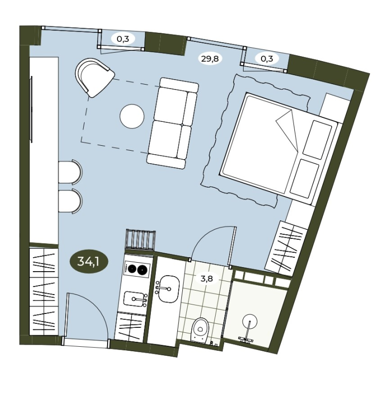 Студия 34 м²
