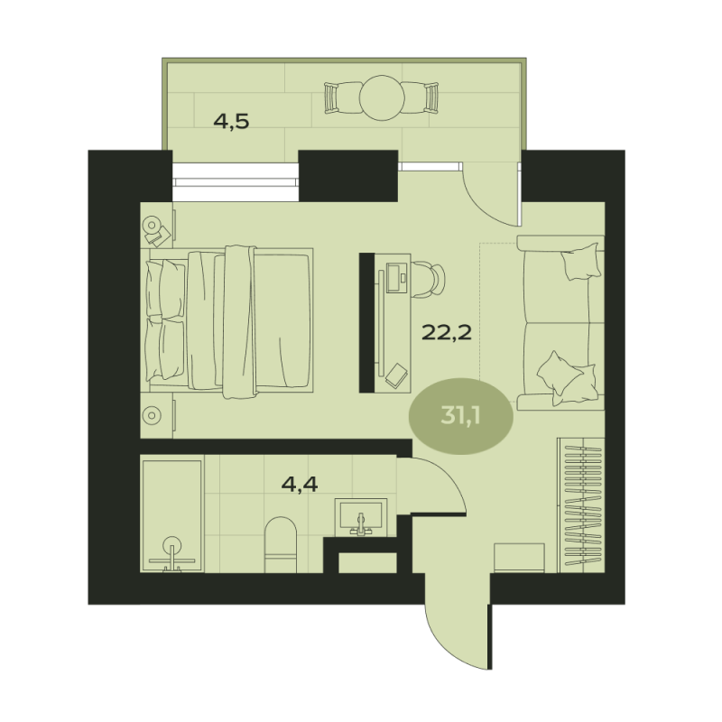 Студия 31,1 м²