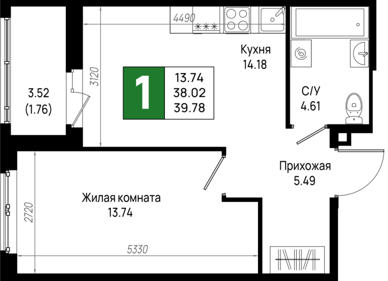 1 ккв 39,8 м²